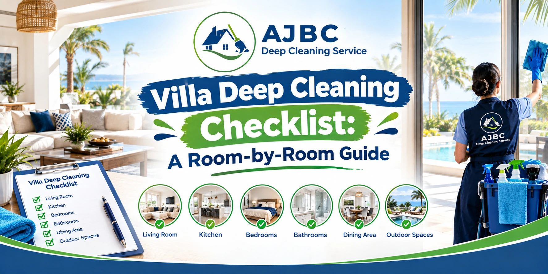 Cleaning team performing a deep clean of a spacious villa living room in Dubai