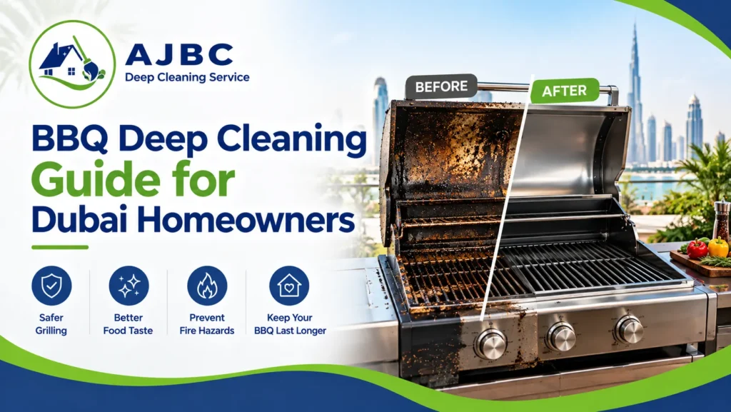 BBQ deep cleaning in Dubai showing a dirty and grease-covered grill alongside a professionally cleaned barbecue grill on a Dubai home terrace.