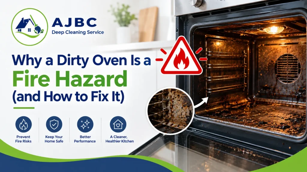 AJBC Deep Cleaning Service – dirty oven with burnt grease and food residue posing a fire hazard, highlighting the importance of professional oven cleaning.
